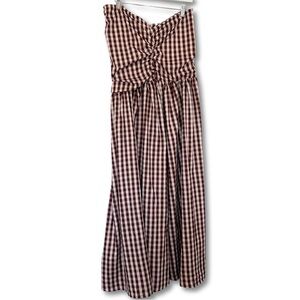 Gingham Strapless Midi Dress in Brown and Cream